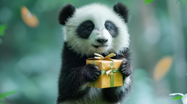 Photo cute panda holding gift