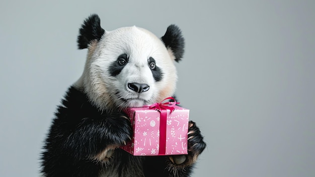 A cute panda holding a pink gift box in its paws