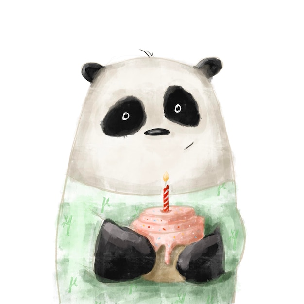 Cute panda portrait with birthday cake, watercolor illustration with funny cartoon character