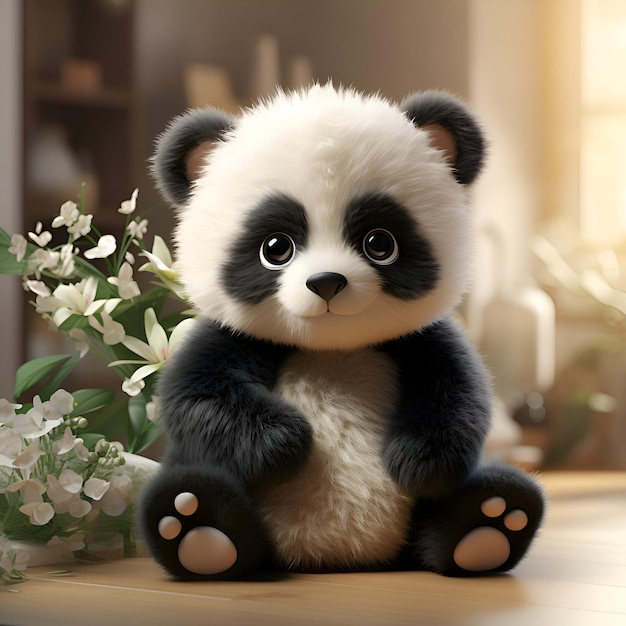 Photo cute panda sitting on the floor in the living room