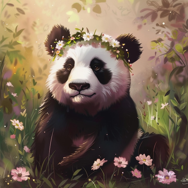 Cute Panda Wearing a Flower Crown in a Flower Field Photorealistic Style