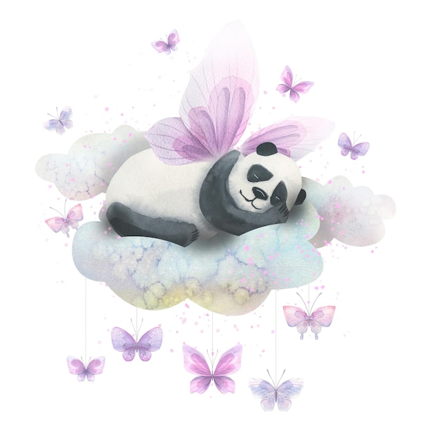 A cute panda with wings sleeps on a cloud with delicate butterflies around Watercolor illustration Composition on a white background for the design and decoration of postcards posters stickers