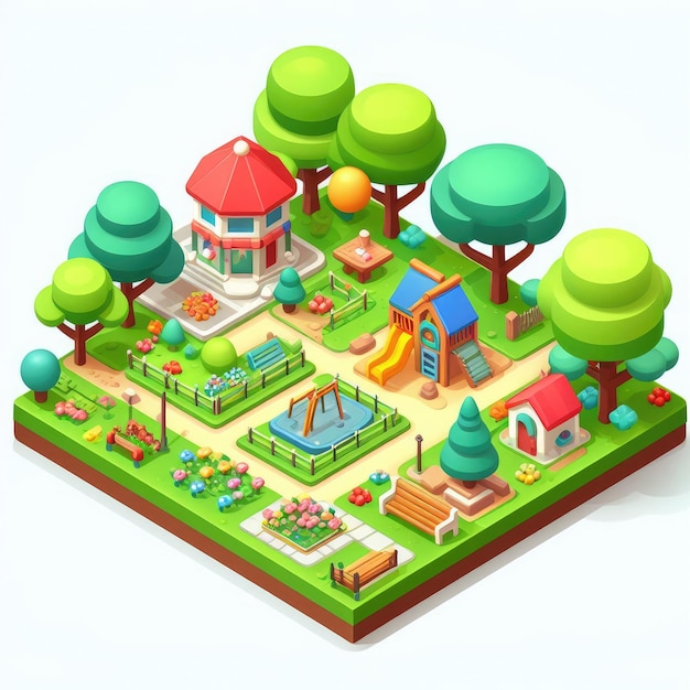 cute park colorful 3d game isometric detailed white background no shadow