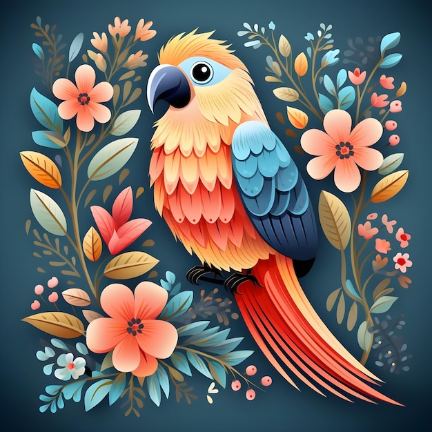 cute Parrot with flower minimal doodle style Pastel Colors Parrot Bird