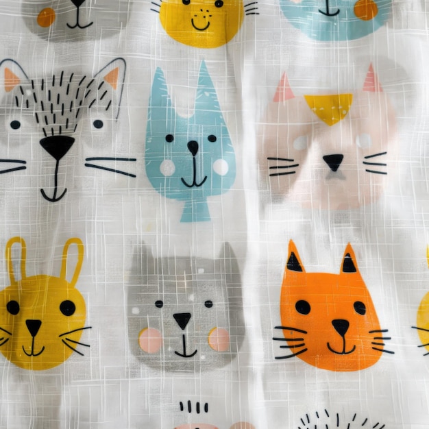 Cute patterned fabric with various illustrated animal faces