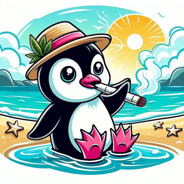 Cute penguin enjoys summer vibes a beautiful place hill and sea beach nature image jpg