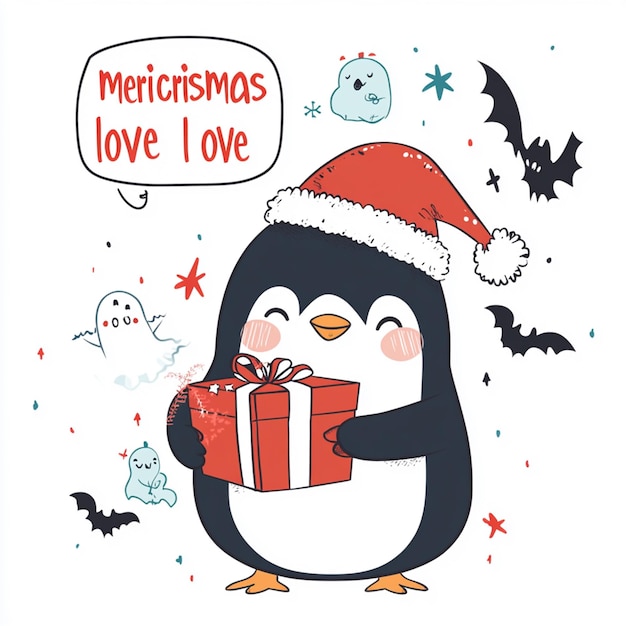 Photo cute penguin holding christmas gift