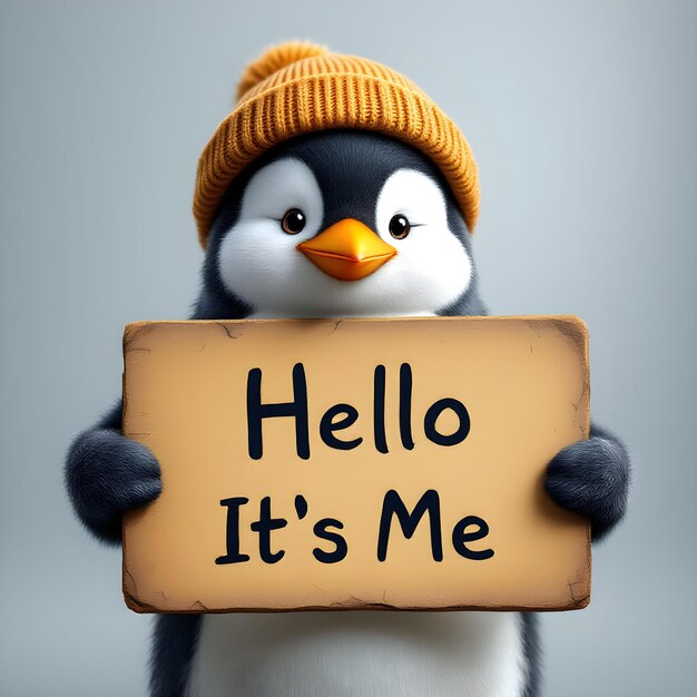 Photo cute penguin holding sign with hello it s me text