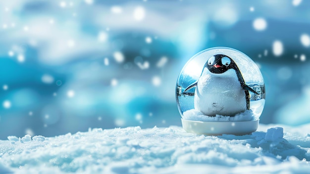 Photo a cute penguin inside a snow globe sitting on a snowy surface the globe is made of glass and has a white base