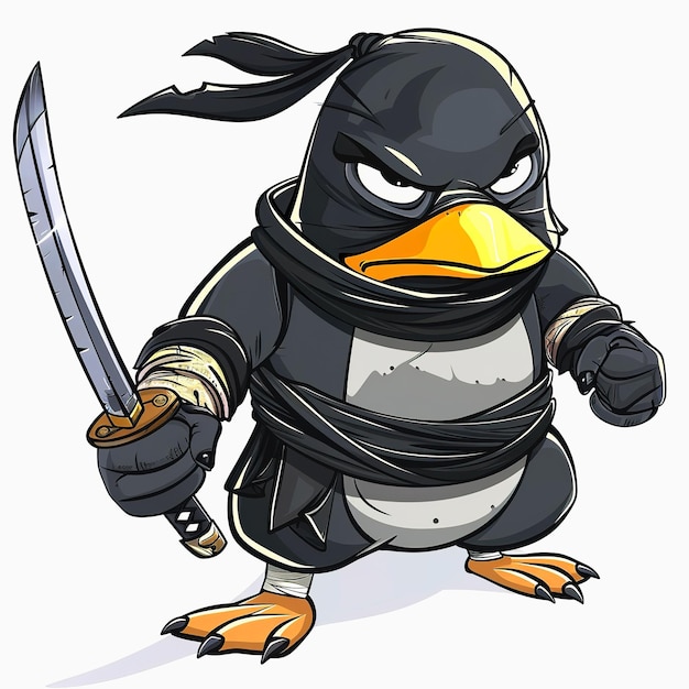 Cute Penguin ninja isolated on white background Chibi Penguin assassin cartoon