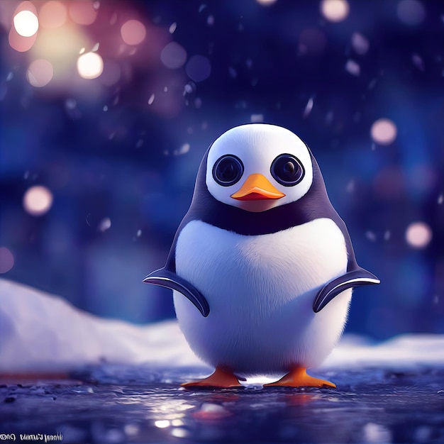 Cute penguin walks in snow