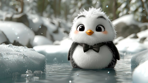 Cute Penguin Wearing a Bow Tie in a Snowy Landscape