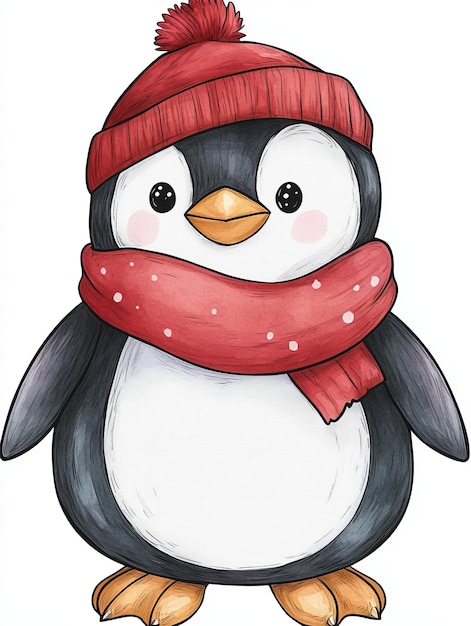 Cute Penguin Wearing a Red Hat and Scarf