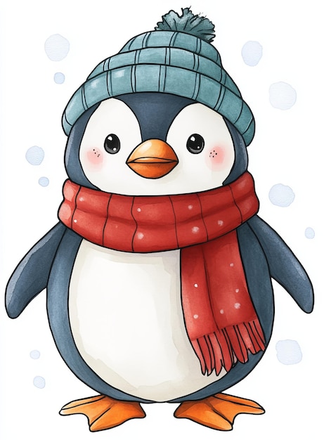 Cute Penguin Wearing a Winter Hat and Scarf