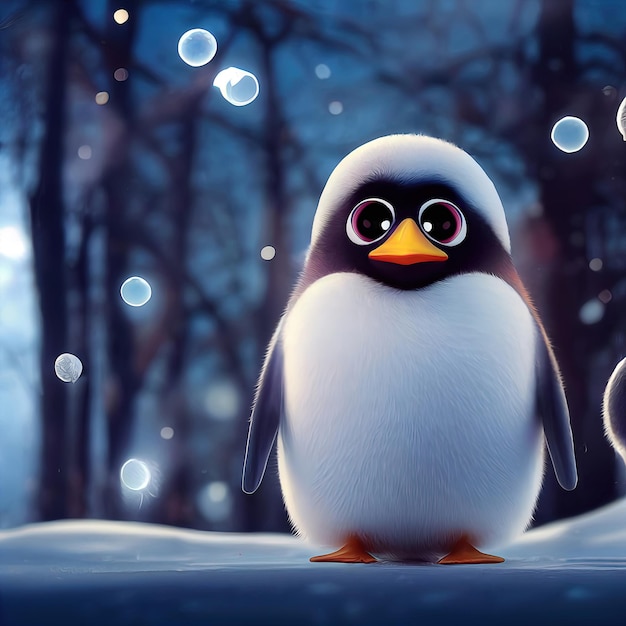 Cute penguin in winter landscape