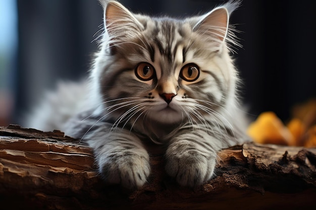 Cute Persian kitten outdoors walking sitting on a tree branch