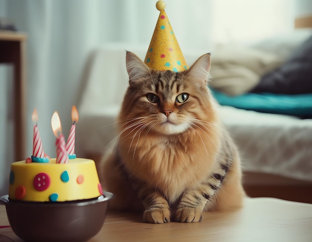 Cute pet cat with birthday cake celebrating happy birthday