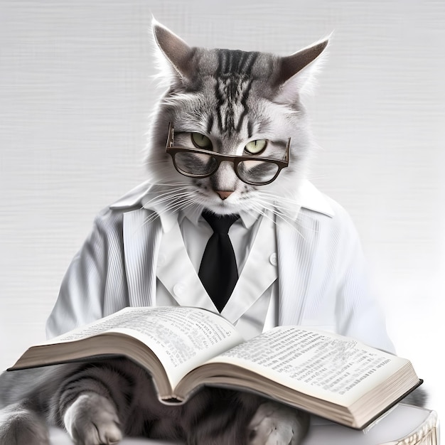 Cute pet cat with eyeglasses and opened book AI generated