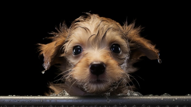 A cute pet puppy with wet hair is taking a bath