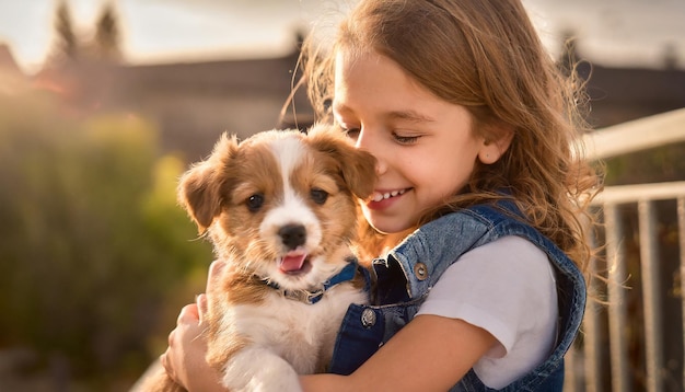 cute pet a small puppy and a beautiful happy girl