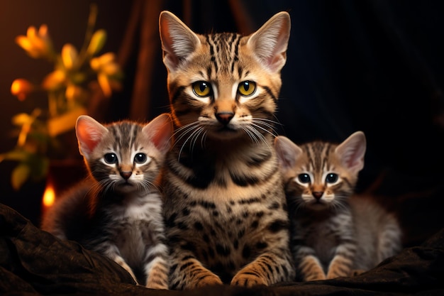 Cute photo of a mother cat with kittens Savannah cats AI Generated