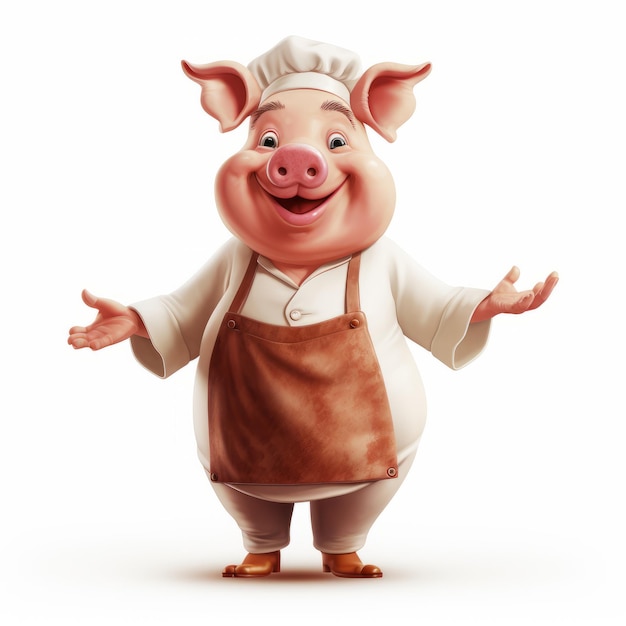 a cute pig chef is depicted in this 3d illustration, standing alone on a white background. created in the style of daz3d, the artwork showcases realistic brushwork and subtle gradients. the use of vil