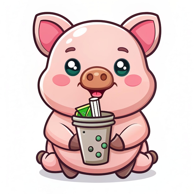 Photo cute pig drinking boba milk tea with money bag cartoon vector icon illustration animal drink icon concept isolated premium vector flat cartoon style