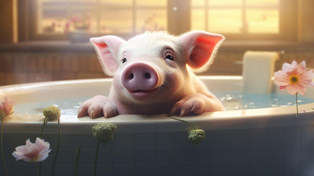 Cute pig is relaxing in the spa