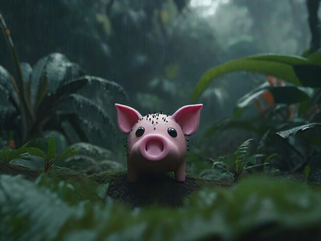 cute Pig in rainforests in the bushes surrounding by leaves