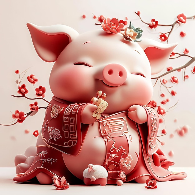 Photo cute pig wearing red chinese new year clothing with flowers