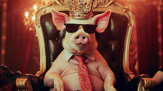 Cute pig wearing tie with crown and sunglasses sitting on a throne Generative Ai