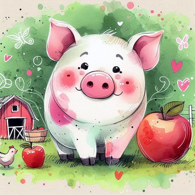 Cute pig with apples Watercolor hand drawn illustration on watercolor background