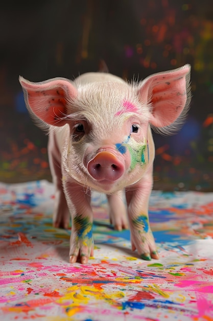 Cute Piglet Covered in Colorful Paint Splatters on Artistic Background for Playful Farm Animal