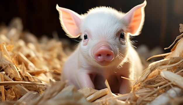 Cute piglet on a farm surrounded by nature and hay generated by artificial intelligence