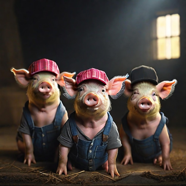 Cute pigs dressed in overalls and hats