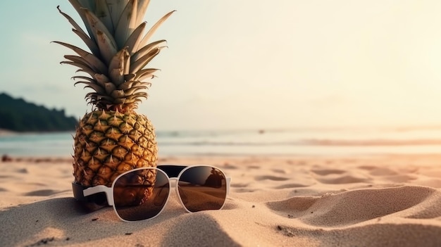 Cute pineapple in sunglass Illustration AI GenerativexD