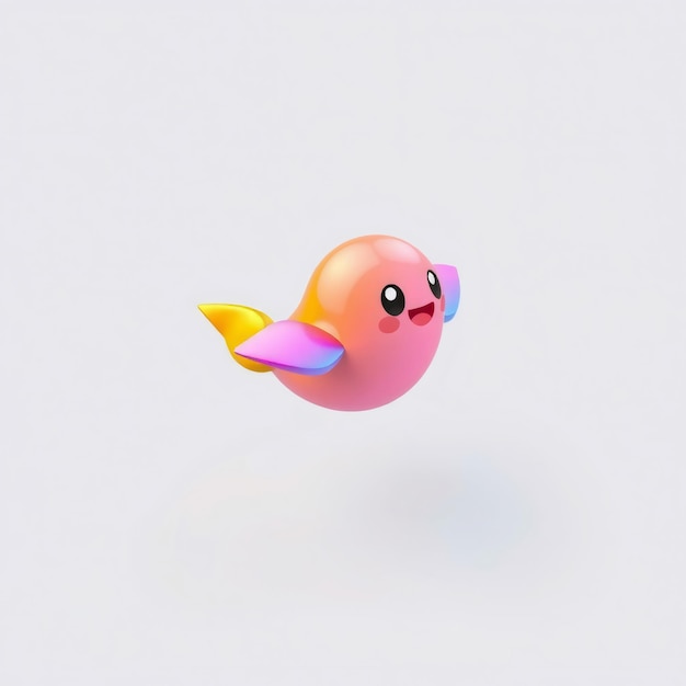 Cute pink 3D cartoon bird with yellow and purple wings flying on a white background