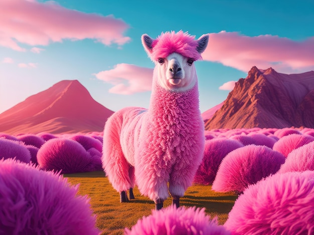 Cute pink alpaca on pink background ai generative