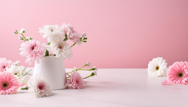 Cute Pink Background with Gerberas and Fresh Carnations Decoration