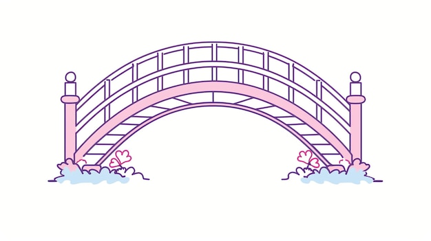 A cute pink bridge with a railing and flowers at the base