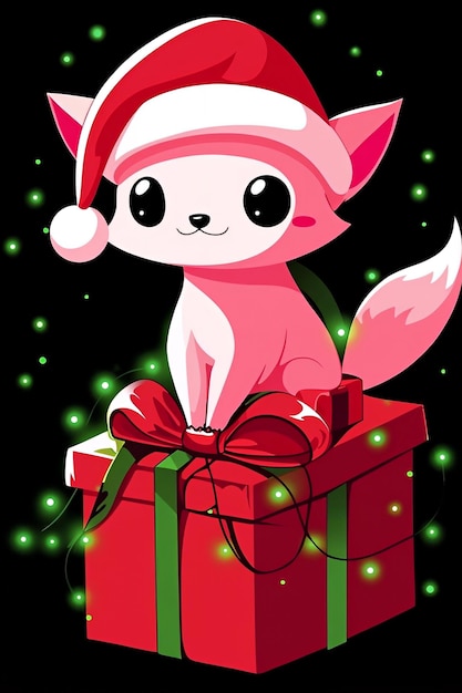 Cute Pink Cat Wearing Santa Hat on Top of a Christmas Present