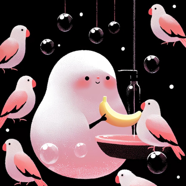 Cute Pink Creature With Banana and Birds