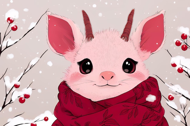 Photo cute pink deer in red scarf with snow falling