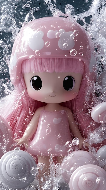 Cute Pink Doll in Water with Bubbles