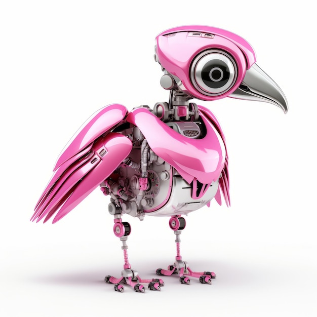 Cute pink flamingo robot robotic bird isolated over white background