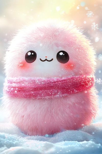 Cute Pink Furry Creature in Winter Wonderland