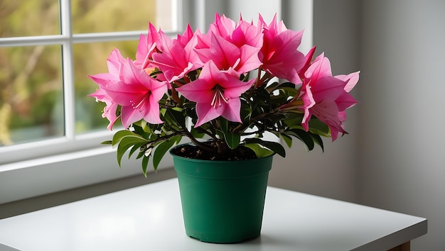 Photo cute pink japanese potted azalea flower plant on a table