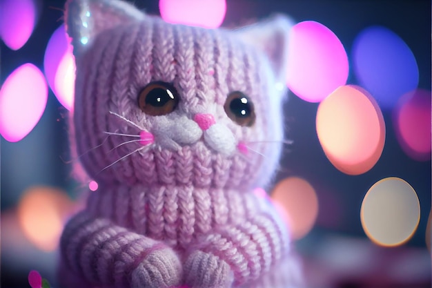 Cute pink knitted cat kitty toy cozy bokeh blurred background Generative AI