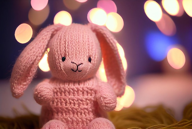 Cute pink knitted rabbit toy cozy bokeh blurred background Generative AI