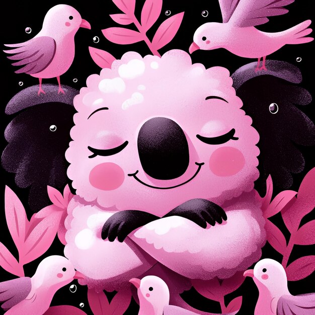 Photo cute pink koala sleeping in a flowery garden